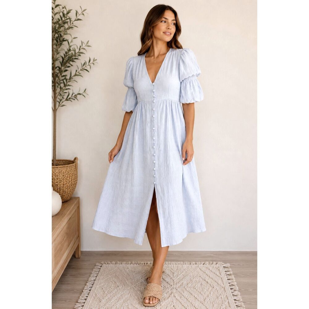 Chelsea & Violet Blue Button Front Midi Dress Puff Sleeve Cottagecore Boho 2